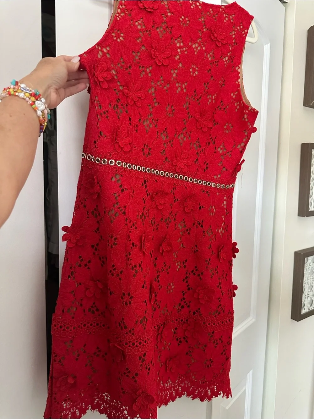 Michael Kors Red Floral Lace Midi Dress with Waist Trim